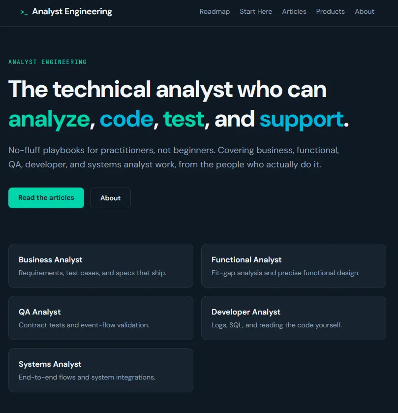 Homepage of analystengineering.com: a dark landing page introducing the five analyst roles the site covers