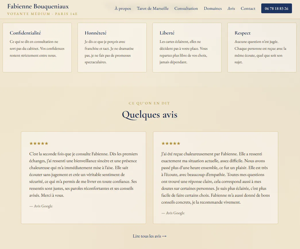 Reviews section of the site, with five-star Google reviews shown under the values of the practice