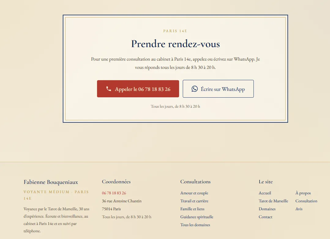 Booking block with one-tap call and WhatsApp buttons, placed above the site footer