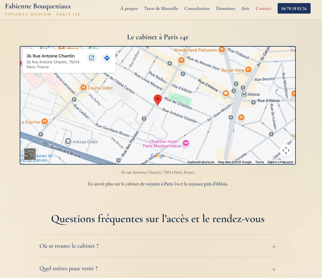 Contact page with the office located on a map of Paris 14e and a short FAQ about access