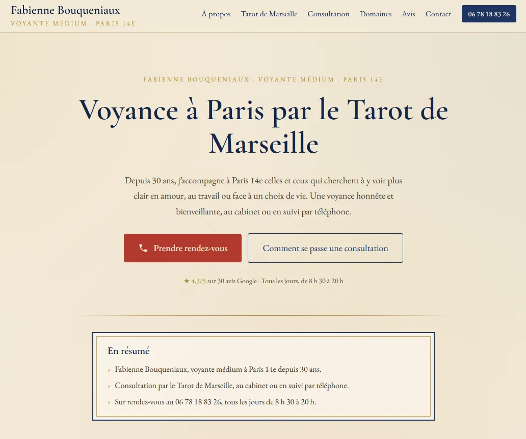 Homepage of fabienne-voyance-paris.fr: tarot consultation in Paris 14e, with booking buttons and the Google rating