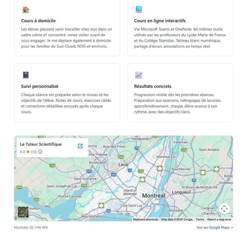 The tutoring practice on Google Maps with its 5.0-star rating, shown below the four feature cards of the site