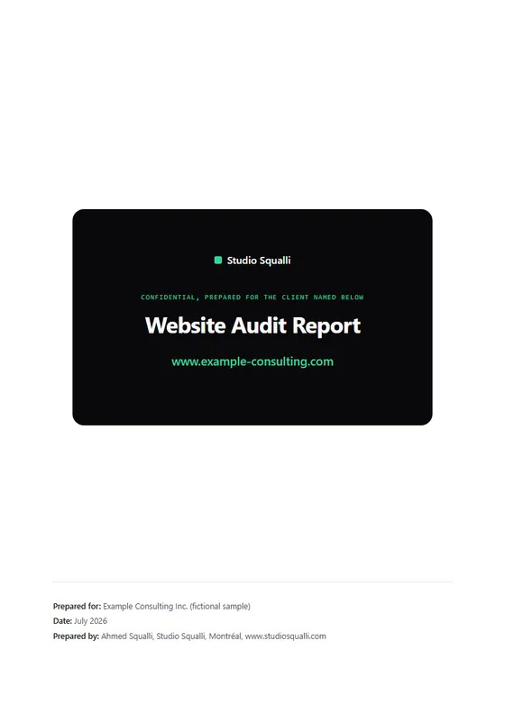 Cover page of a sample Studio Squalli website audit report