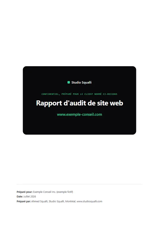 Page de couverture d'un exemple de rapport d'audit de site web Studio Squalli